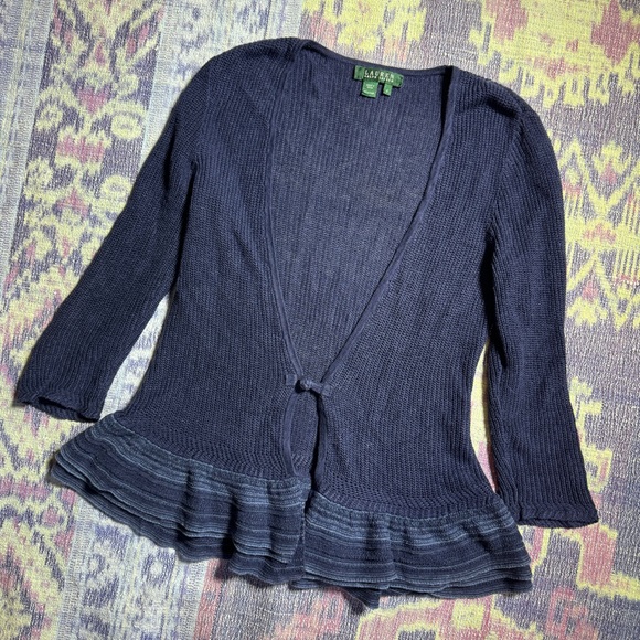 Lauren Ralph Lauren Womens Linen Cardigan Sweater Knit Ruffle Hem in Navy Blue - Picture 3 of 10